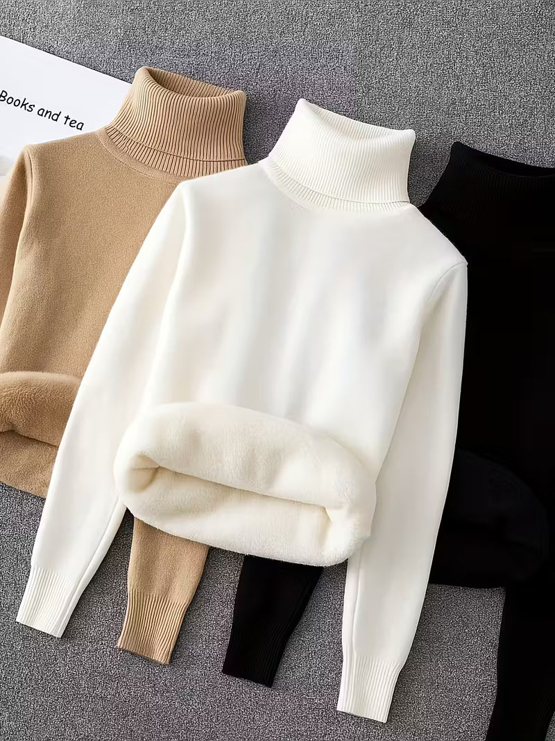 3pcs, Women's High Neck Fashion Sweater with Thickened Lining and Plush Fabric for Autumn/Winter