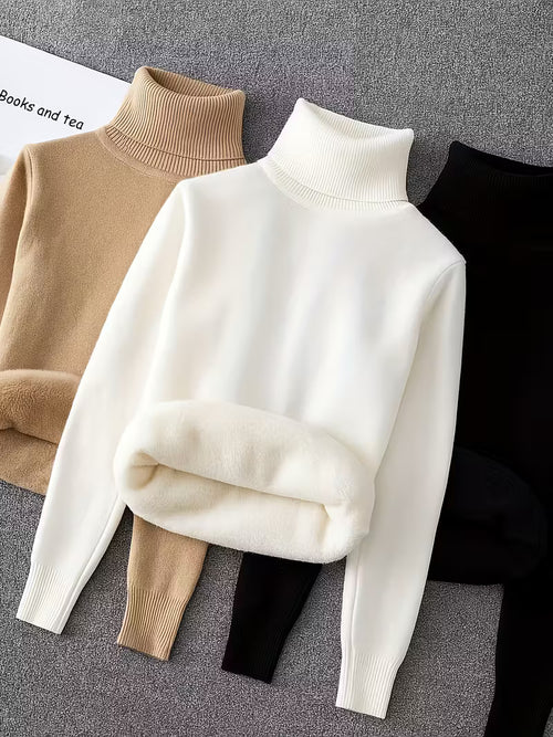 3pcs, Women's High Neck Fashion Sweater with Thickened Lining and Plush Fabric for Autumn/Winter