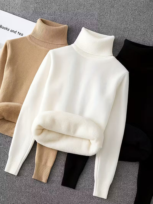 3pcs, Women's High Neck Fashion Sweater with Thickened Lining and Plush Fabric for Autumn/Winter