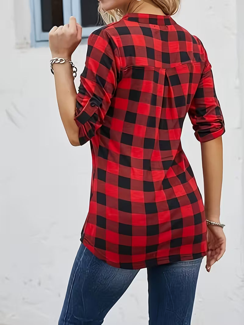 7.7 Red Plaid Breathable Fashion Vintage Check Pattern Zip-Up V-Neck Top, and Soft Wearable Fabric