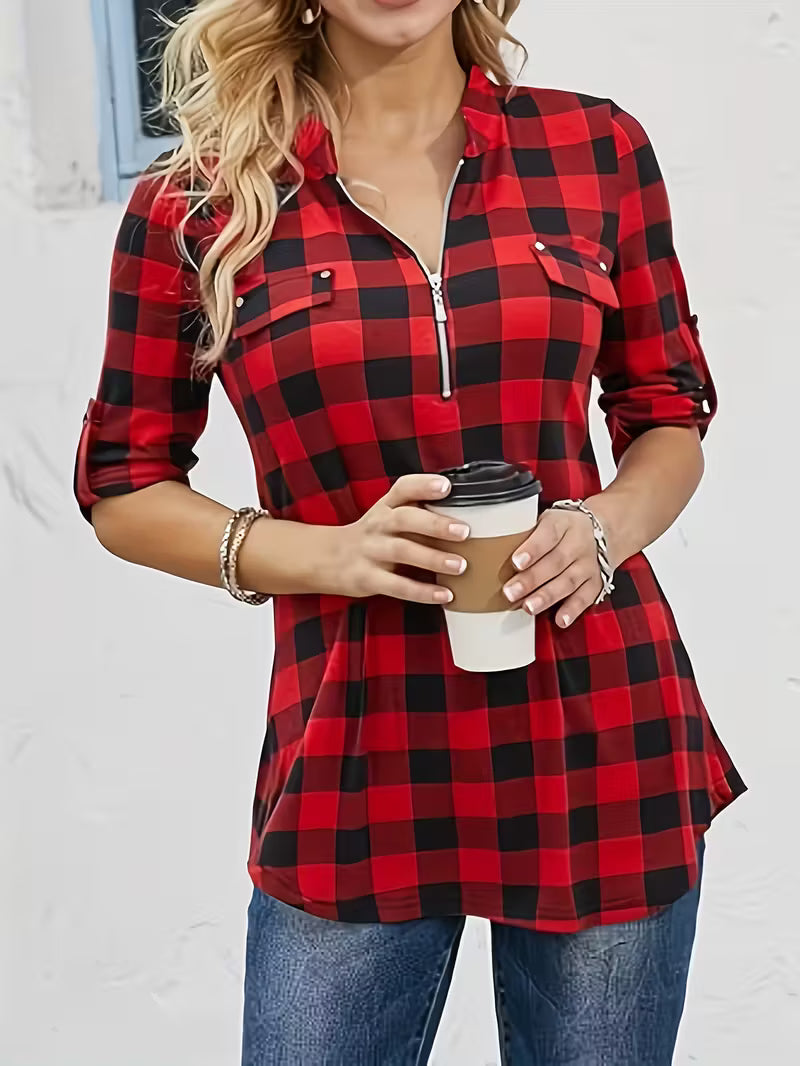 7.7 Red Plaid Breathable Fashion Vintage Check Pattern Zip-Up V-Neck Top, and Soft Wearable Fabric