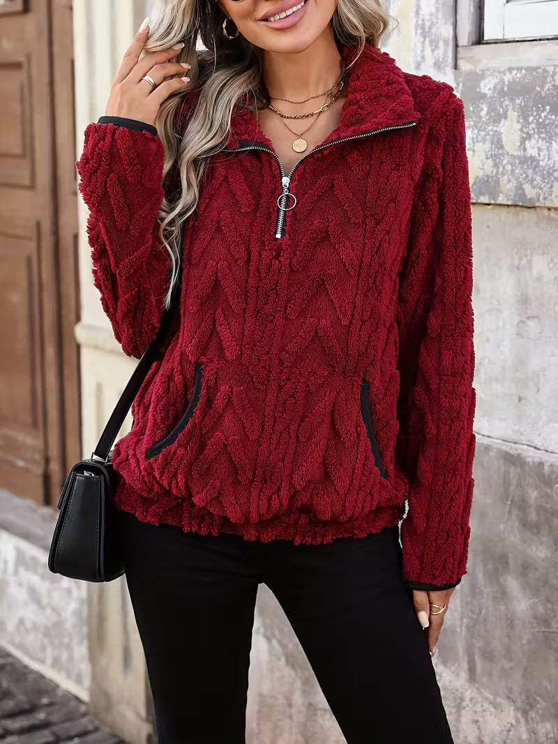 Women's Elegant Plush Fleece-Lined Zip-Up Sweatshirt with Quarter-Zip Front, Ribbed Cuffs & Waistband
