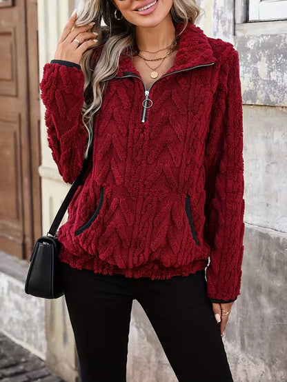 Women's Elegant Plush Fleece-Lined Zip-Up Sweatshirt with Quarter-Zip Front, Ribbed Cuffs & Waistband