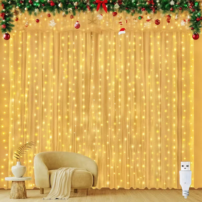 Christmas Fairy Curtain Lights, 300/200/100 LED Warm White Curtain String Lights USB Plug in 8 Modes Indoor String Light Christmas String Hanging Lights for Bedroom