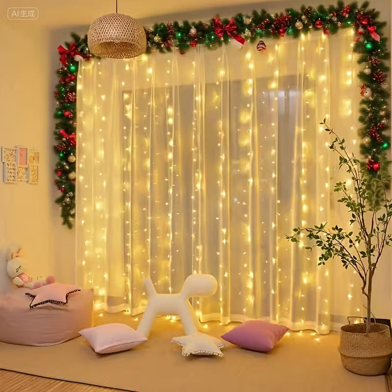 Christmas Fairy Curtain Lights, 300/200/100 LED Warm White Curtain String Lights USB Plug in 8 Modes Indoor String Light Christmas String Hanging Lights for Bedroom