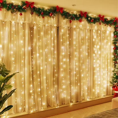 Christmas Fairy Curtain Lights, 300/200/100 LED Warm White Curtain String Lights USB Plug in 8 Modes Indoor String Light Christmas String Hanging Lights for Bedroom