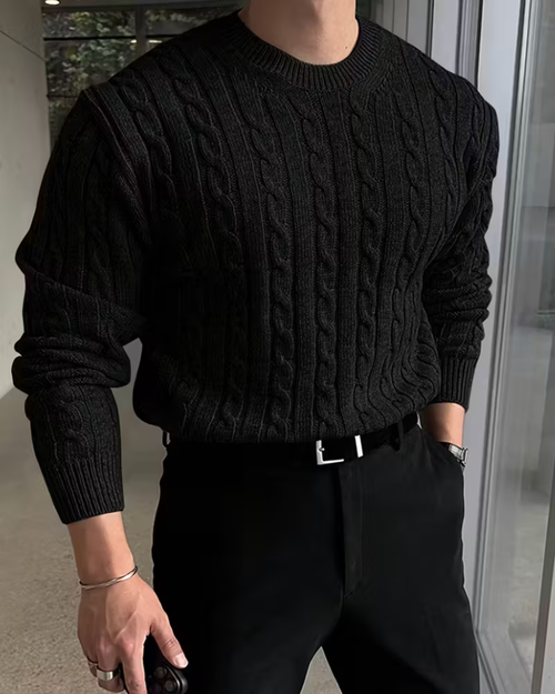Schwarzer Herrenpullover mit Rundhalsausschnitt und langen Ärmeln