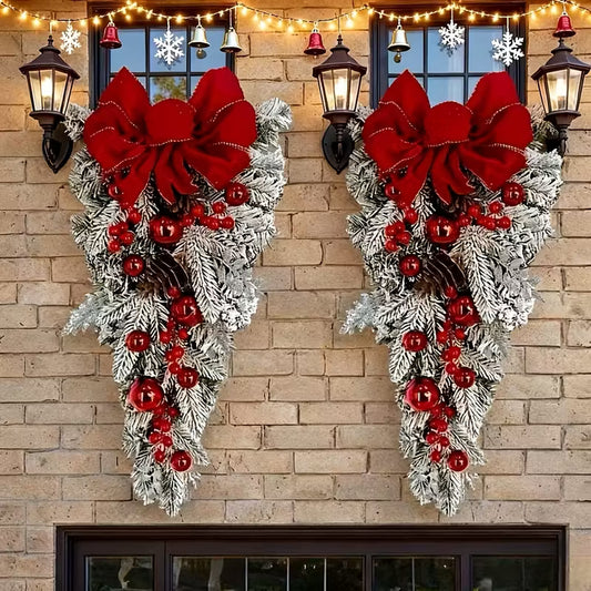 Nordic Christmas Wreath Garland with Red Bow & Green Foliage