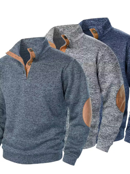 3pcs Men'S Casual Knit Sweaters - Long Sleeve, Button-Up Collar, Solid Color, Regular Fit for Golf & Camping