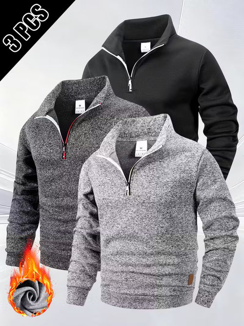 3pcs Men'S Half-Zip Stand Collar Sweatshirt, Warm Zip-Up Pullover with Solid Color Minimalist Fashion