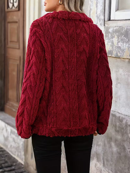 Women's Elegant Plush Fleece-Lined Zip-Up Sweatshirt with Quarter-Zip Front, Ribbed Cuffs & Waistband