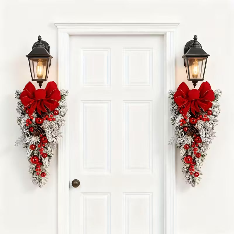 Nordic Christmas Wreath Garland with Red Bow & Green Foliage