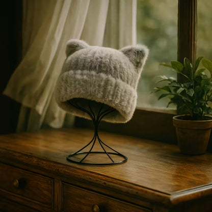 2pcs AOWUUC Plush Cat Ear Beanie Hats - Soft Lightweight Winter Caps with Adorable Cat Ears