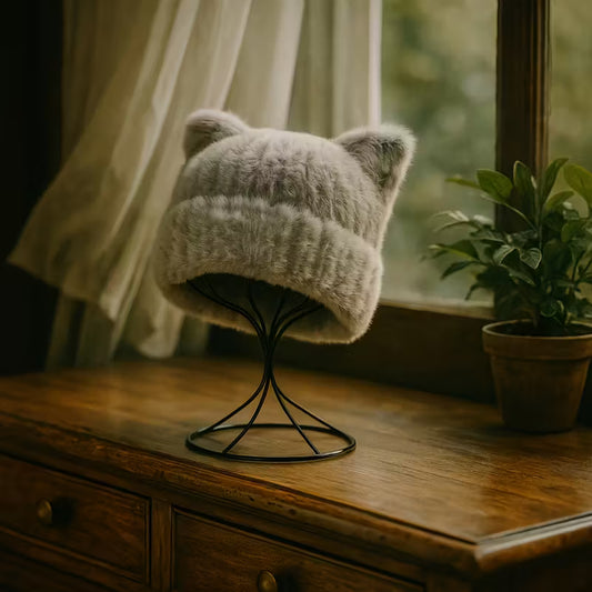 2pcs AOWUUC Plush Cat Ear Beanie Hats - Soft Lightweight Winter Caps with Adorable Cat Ears