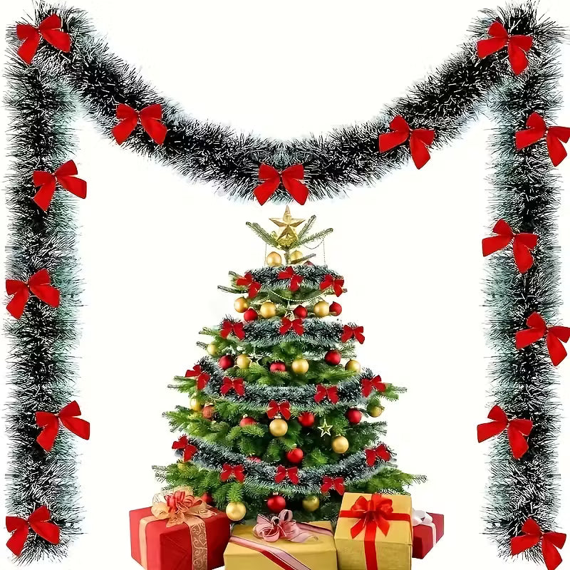 Christmas Garland with Red Bow, Artificial Wreath for Indoor and Outdoor