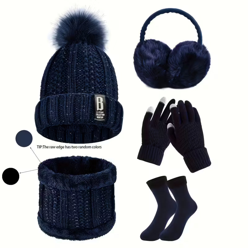5pcs/Set Winter Outdoor Sports Equipment: Thick Warm Knit Hat, Neck, Touch Screen Gloves, Plush Ear Muffs and Snow Socks, Suitable for Outdoor Skiing, Cycling and Hiking