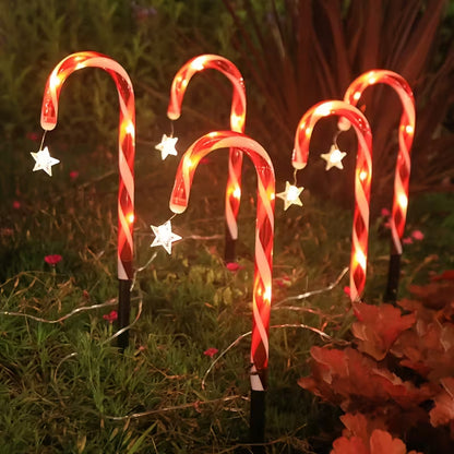 RIEYUE Solar-Powered Candy Cane Lights - 5 LED Holiday Decorative Stakes with Star Accents, Red & Green Festive Lighting for Christmas & Garden Celebrations, Solar Lights for Yard