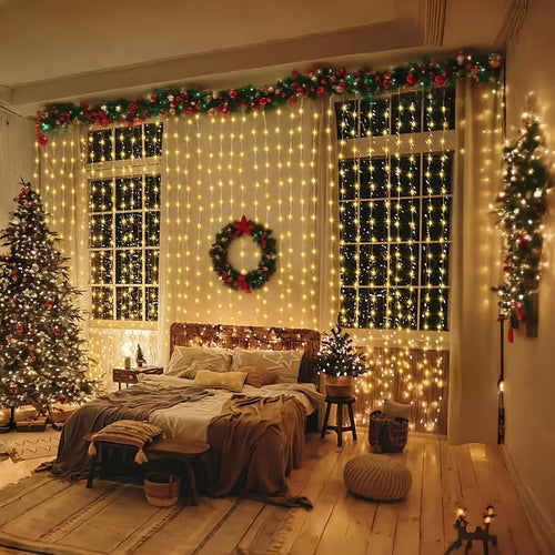 Christmas Fairy Curtain Lights, 300/200/100 LED Warm White Curtain String Lights USB Plug in 8 Modes Indoor String Light Christmas String Hanging Lights for Bedroom