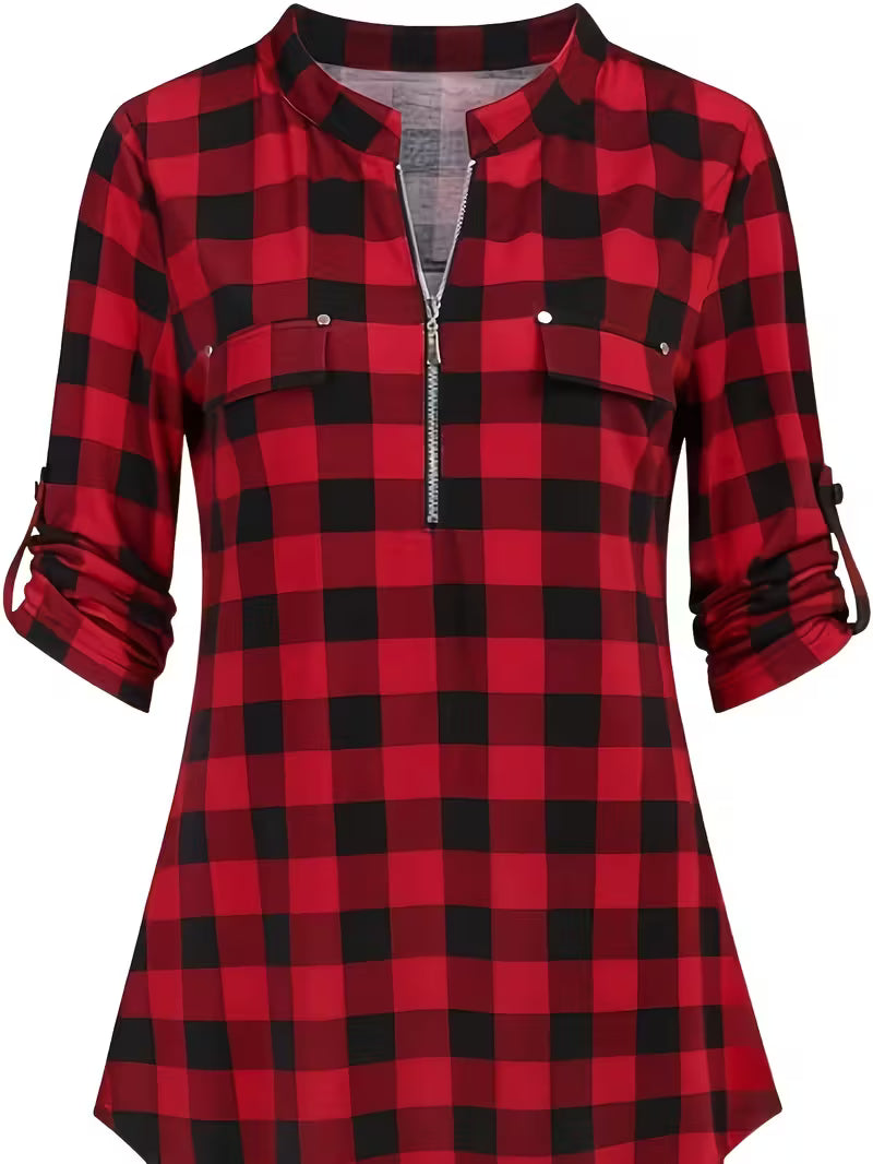 7.7 Red Plaid Breathable Fashion Vintage Check Pattern Zip-Up V-Neck Top, and Soft Wearable Fabric