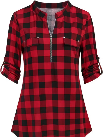 7.7 Red Plaid Breathable Fashion Vintage Check Pattern Zip-Up V-Neck Top, and Soft Wearable Fabric
