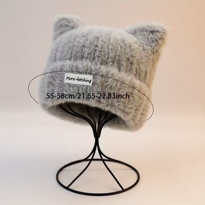 2pcs AOWUUC Plush Cat Ear Beanie Hats - Soft Lightweight Winter Caps with Adorable Cat Ears