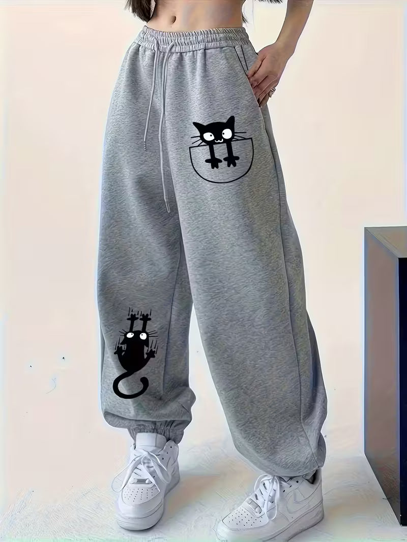 Women'S Casual Loose-Fit Joggers with Cute Cat Print