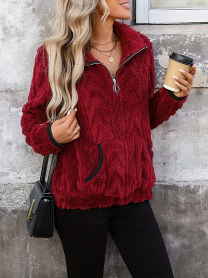 Women's Elegant Plush Fleece-Lined Zip-Up Sweatshirt with Quarter-Zip Front, Ribbed Cuffs & Waistband