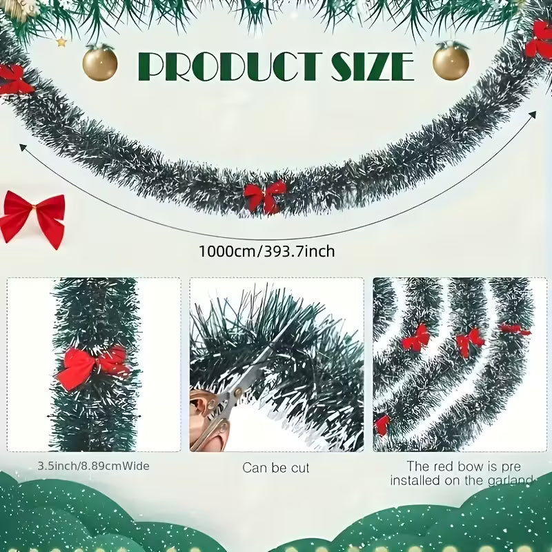Christmas Garland with Red Bow, Artificial Wreath for Indoor and Outdoor