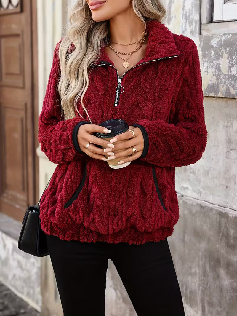 Women's Elegant Plush Fleece-Lined Zip-Up Sweatshirt with Quarter-Zip Front, Ribbed Cuffs & Waistband