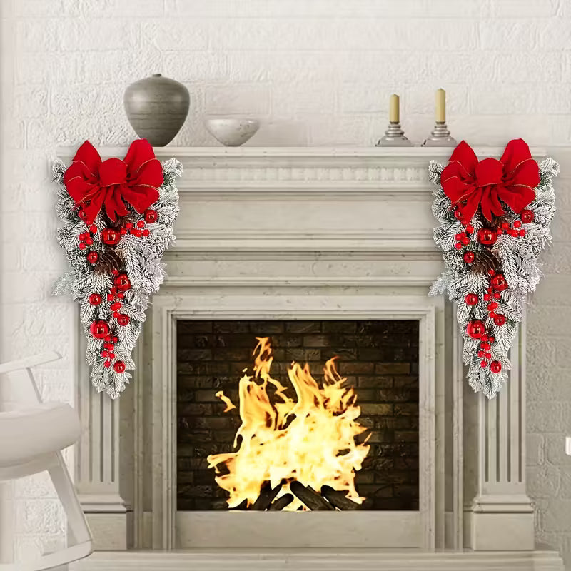 Nordic Christmas Wreath Garland with Red Bow & Green Foliage