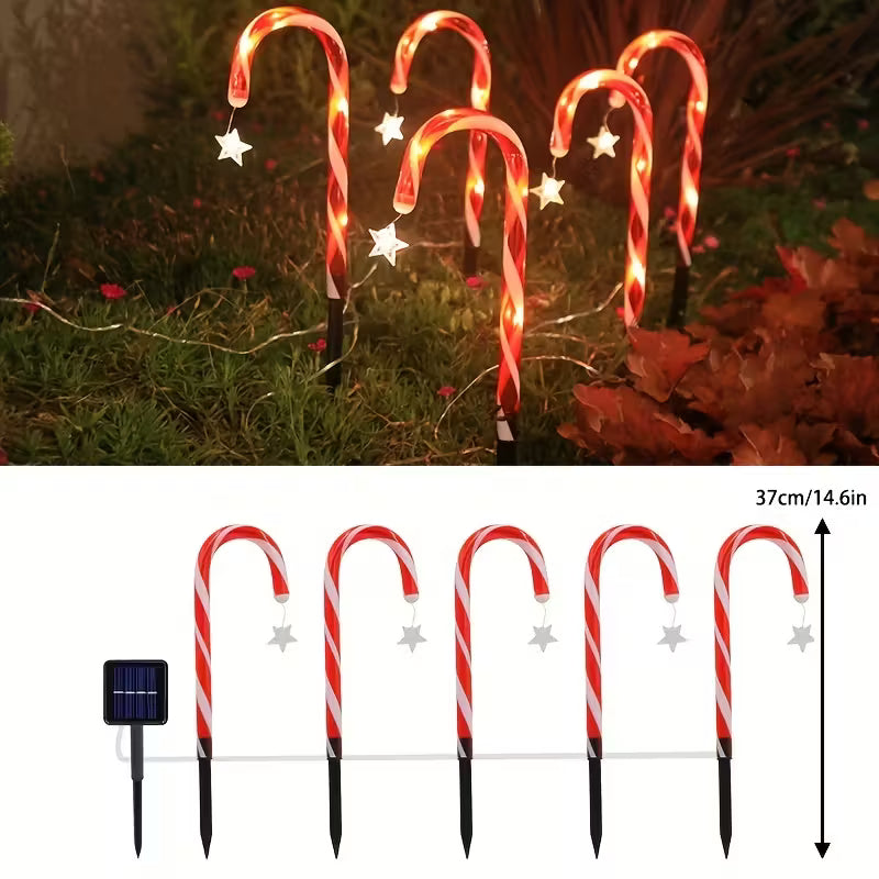 RIEYUE Solar-Powered Candy Cane Lights - 5 LED Holiday Decorative Stakes with Star Accents, Red & Green Festive Lighting for Christmas & Garden Celebrations, Solar Lights for Yard