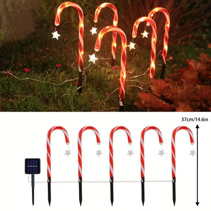 RIEYUE Solar-Powered Candy Cane Lights - 5 LED Holiday Decorative Stakes with Star Accents, Red & Green Festive Lighting for Christmas & Garden Celebrations, Solar Lights for Yard