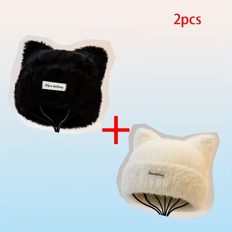 2pcs AOWUUC Plush Cat Ear Beanie Hats - Soft Lightweight Winter Caps with Adorable Cat Ears