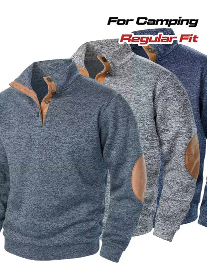 3pcs Men'S Casual Knit Sweaters - Long Sleeve, Button-Up Collar, Solid Color, Regular Fit for Golf & Camping
