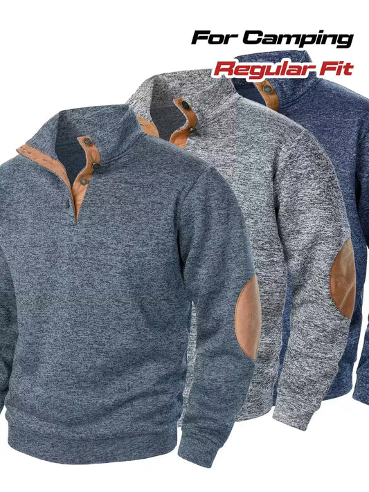 3pcs Men'S Casual Knit Sweaters - Long Sleeve, Button-Up Collar, Solid Color, Regular Fit for Golf & Camping