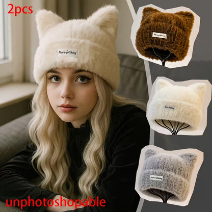 2pcs AOWUUC Plush Cat Ear Beanie Hats - Soft Lightweight Winter Caps with Adorable Cat Ears