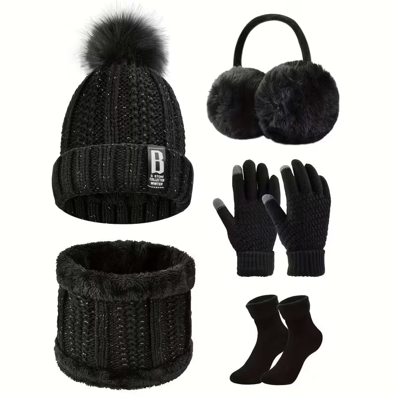 5pcs/Set Winter Outdoor Sports Equipment: Thick Warm Knit Hat, Neck, Touch Screen Gloves, Plush Ear Muffs and Snow Socks, Suitable for Outdoor Skiing, Cycling and Hiking