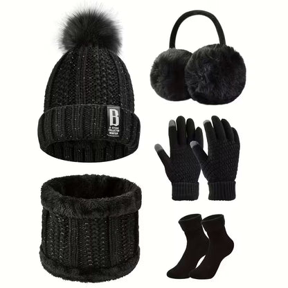 5pcs/Set Winter Outdoor Sports Equipment: Thick Warm Knit Hat, Neck, Touch Screen Gloves, Plush Ear Muffs and Snow Socks, Suitable for Outdoor Skiing, Cycling and Hiking