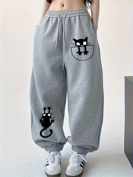 Women'S Casual Loose-Fit Joggers with Cute Cat Print
